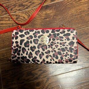 Print Crossbody Wallet with Red Accents